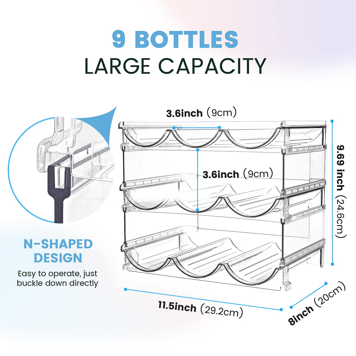 Spospo bottle holder in fridge keeps bottles neatly aligned and accessible.