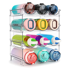 Spospo water bottle organizer in cabinet shows stackable four-pack storage for efficiency.