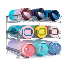 Spospo water bottle organizer in a cabinet saves space with a 3-pack stack.