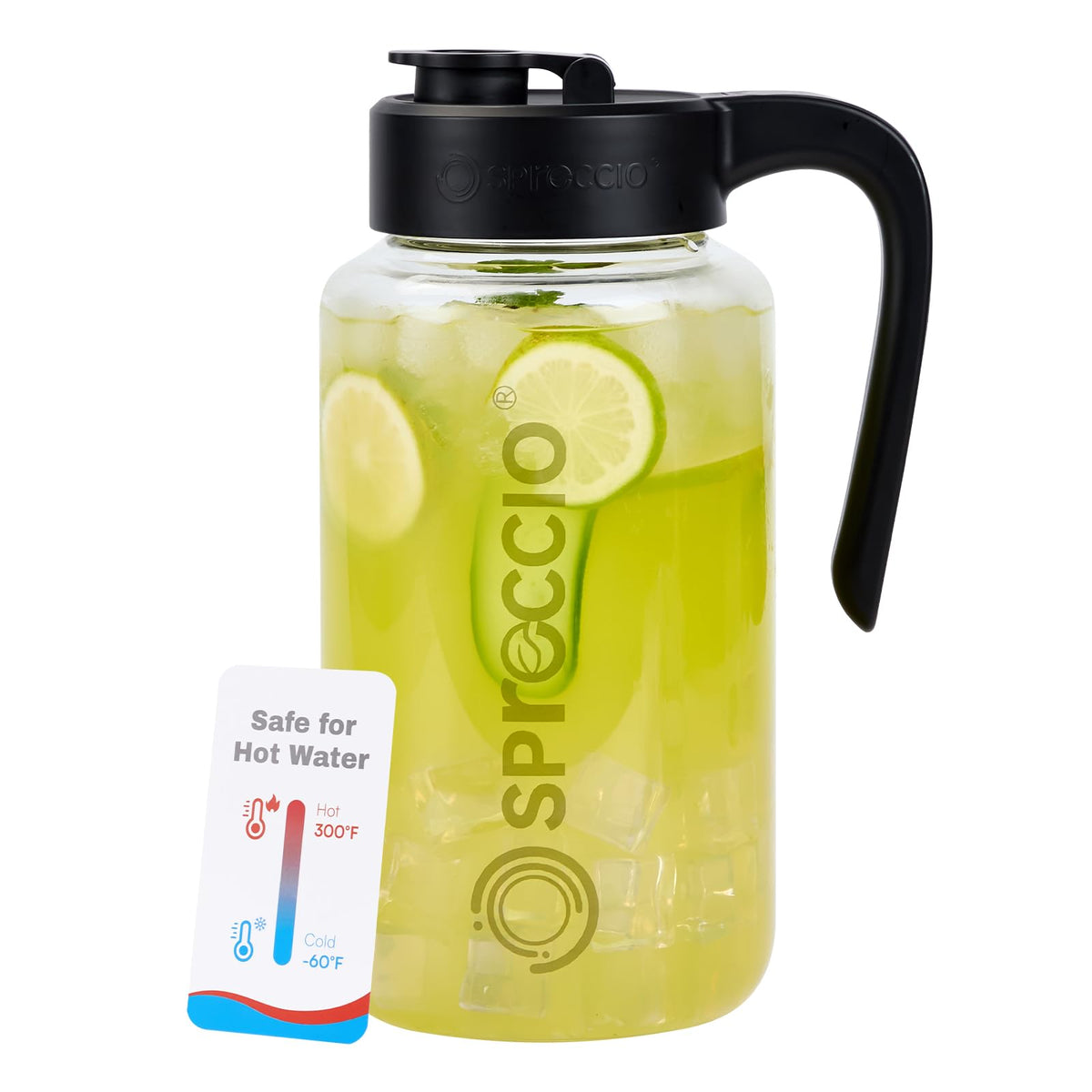 Spreccio borosilicate glass pitcher with pour spout lid for precise pouring of iced tea