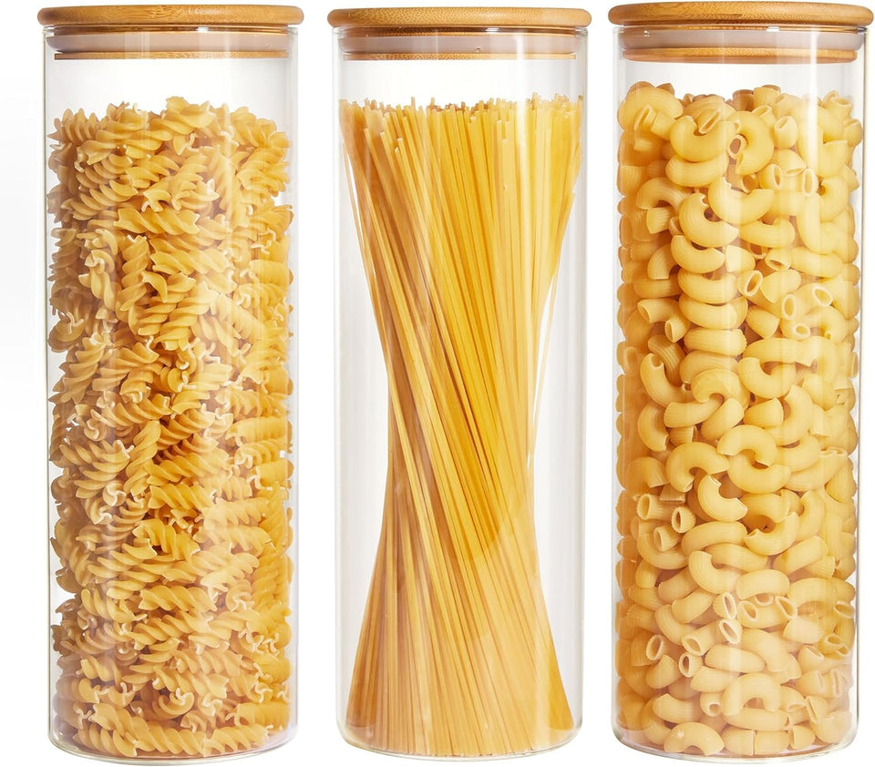Spreccio glass storage jar for pasta keeps pantry neatly organized.