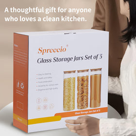 Spreccio kitchen organization with glass jars for pantry storage.