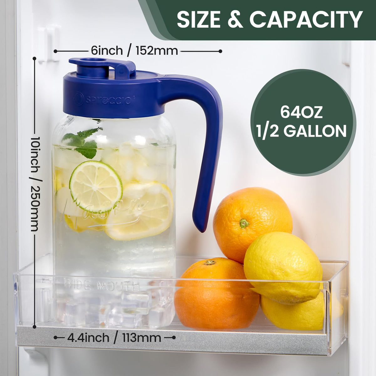Spreccio Mason Jar Pitcher highlighting the comfortable hand-grip pour.