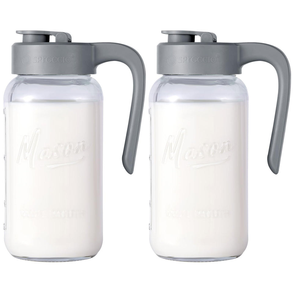 Spreccio Mason Jar Pitcher with pour spout lid for mess-free pouring.
