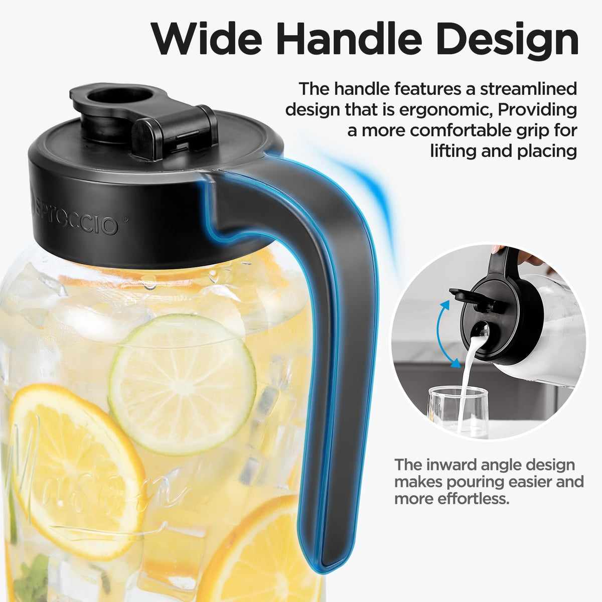 Spreccio mason jar pitcher wide mouth for easy ice and fruit.