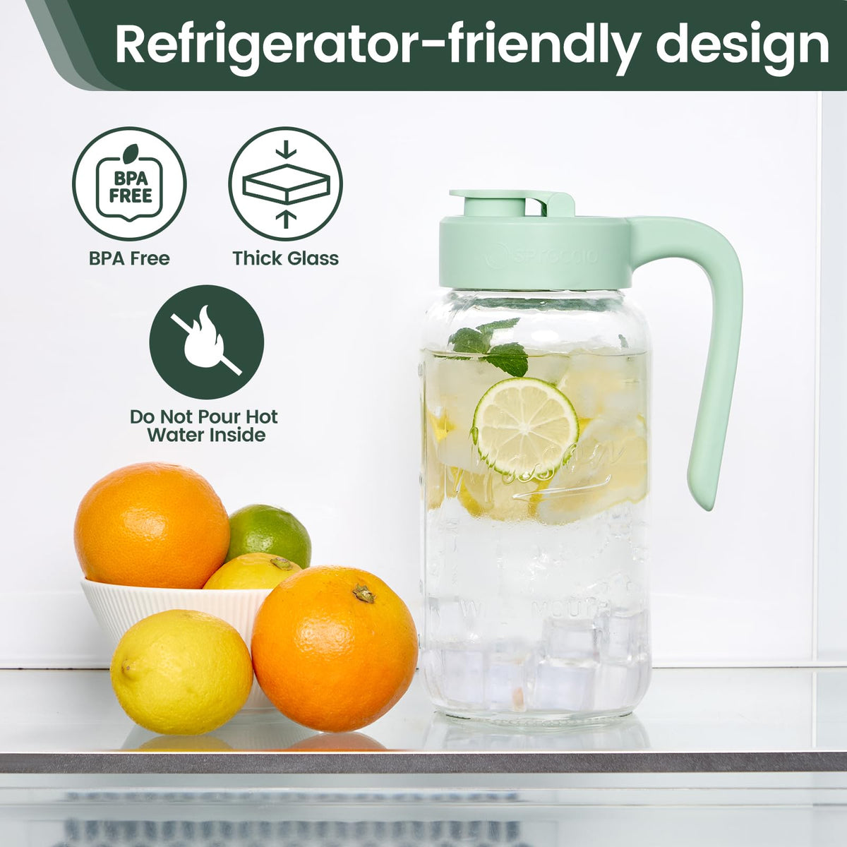 Spreccio Mason Jar Pitcher wide-mouth opening ideal for ice and infusion ingredients.