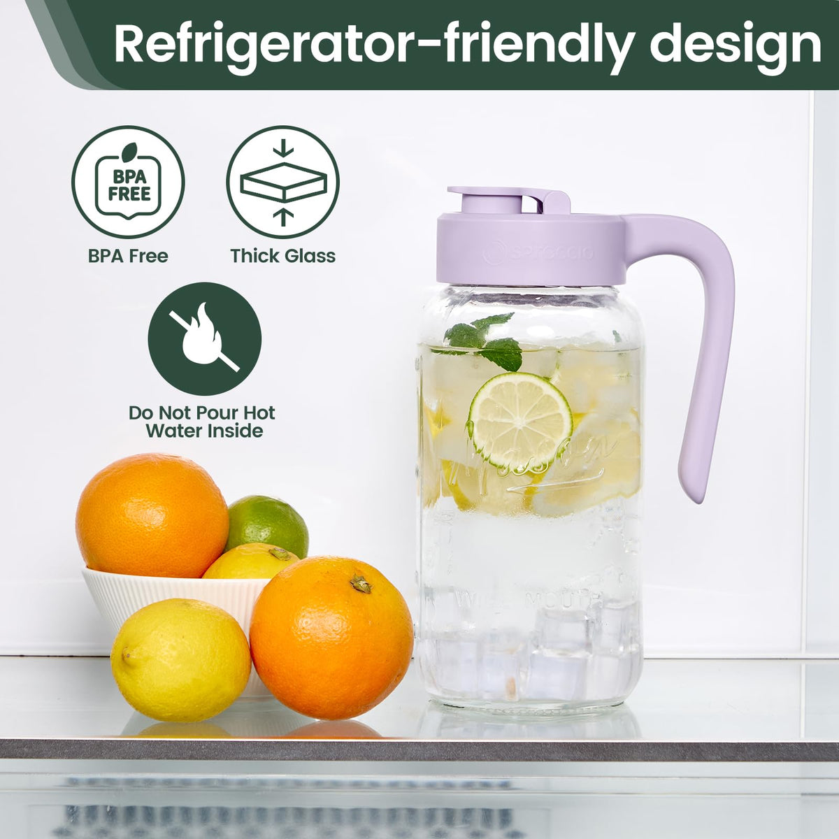 Spreccio wide-mouth pitcher makes adding ice and fruit easy.