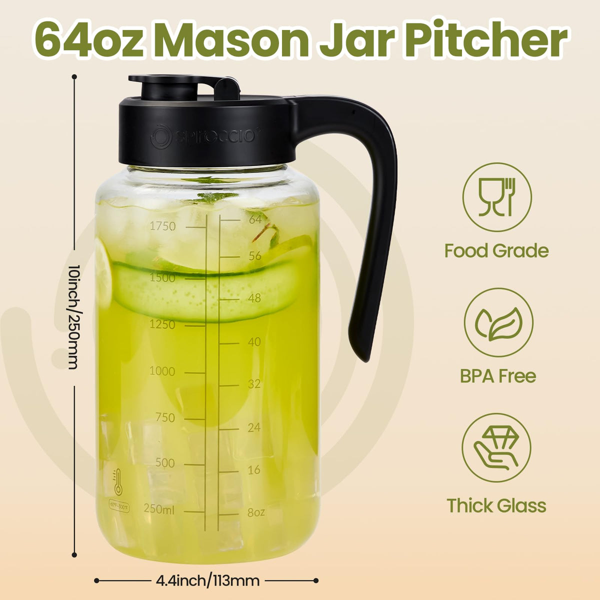 Spreccio pitcher showing ergonomic handle for easy pouring when full