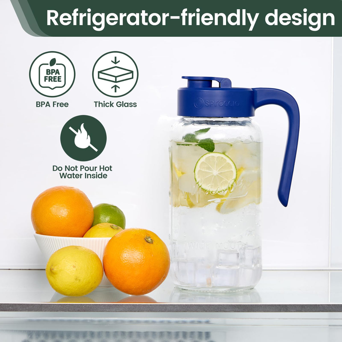 Spreccio pitcher wide-mouth design makes adding ice and fruit easy.