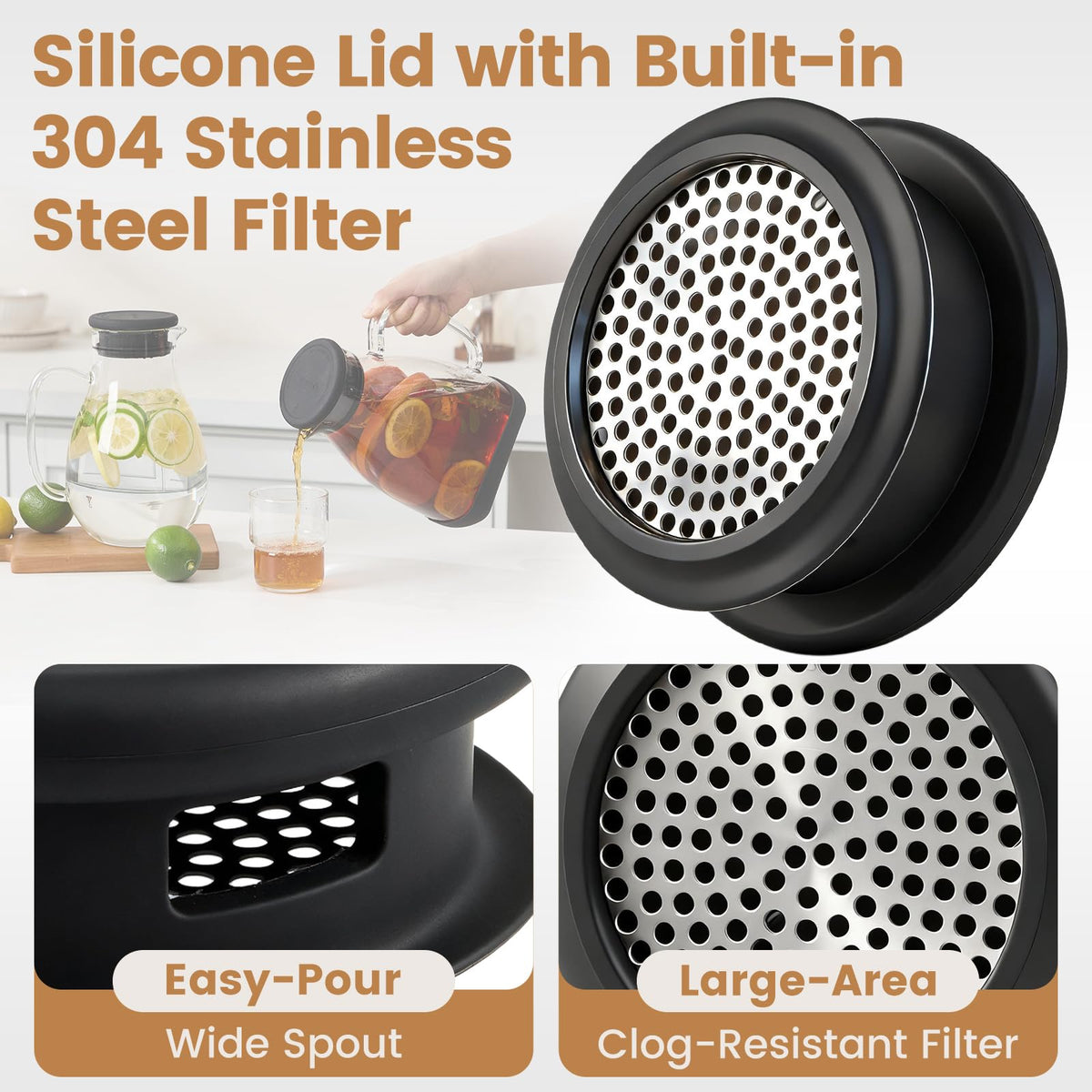Spreccio silicone lid provides a secure, leak-proof seal during pouring.