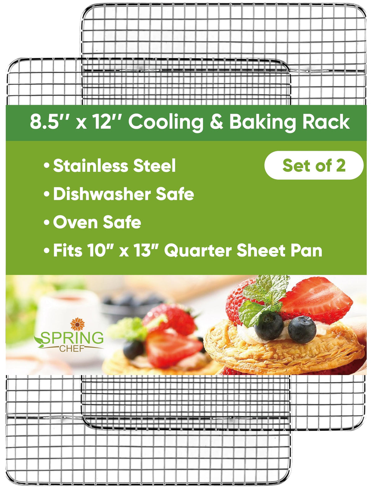 Spring Chef 8.5x12 stainless steel cooling rack, oven-safe for even heat circulation.