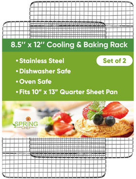 Spring Chef 8.5x12 stainless steel cooling rack, oven-safe for even heat circulation.