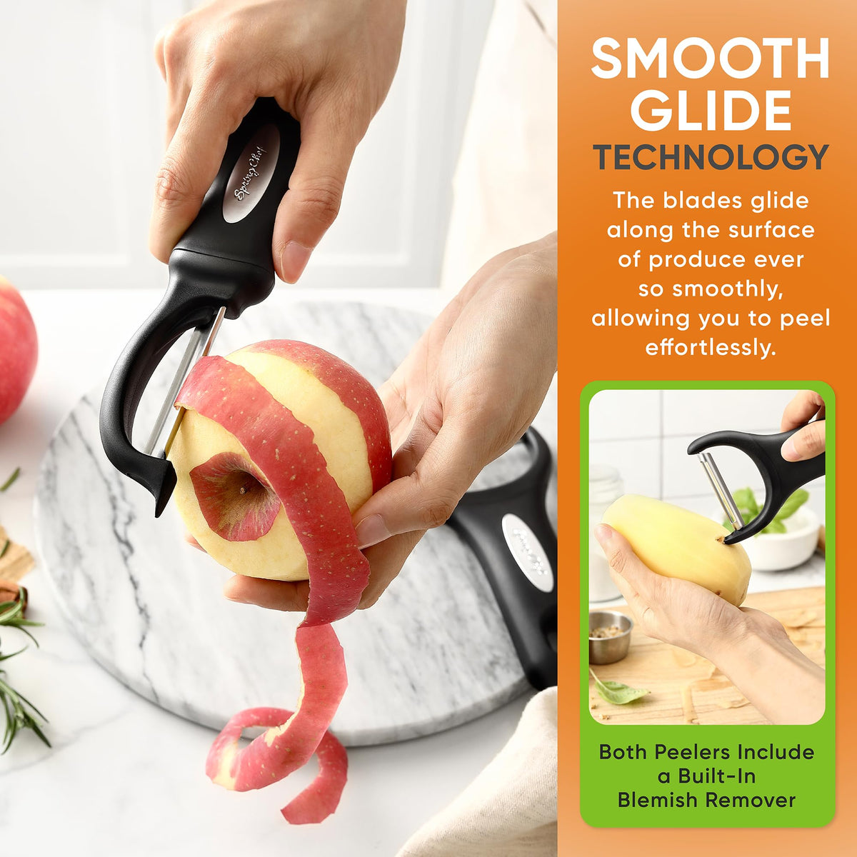 Spring Chef built-in blemish remover in action for clean prep.