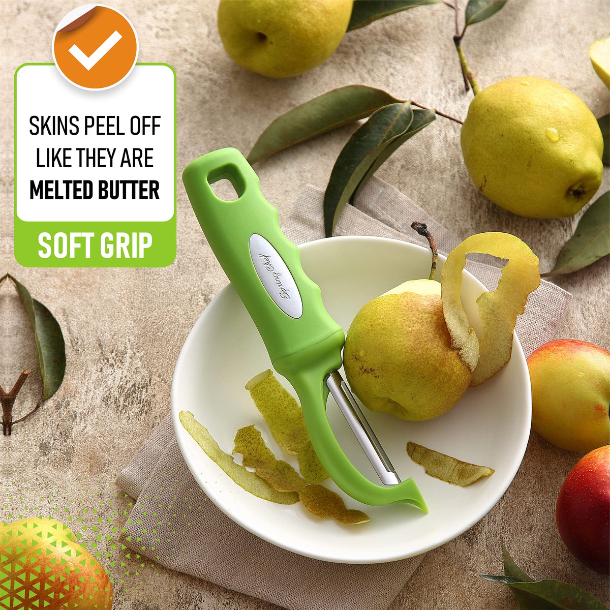 Spring Chef built-in blemish remover demonstrated on a carrot.