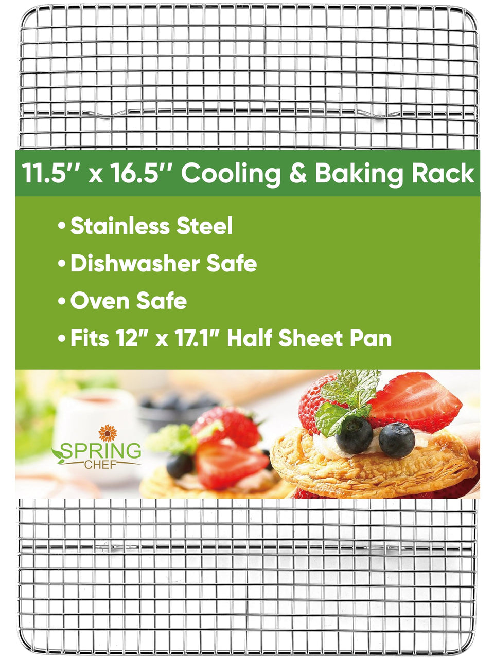 Spring Chef cooling rack in full-view shows sturdy stainless steel and oven-safe design