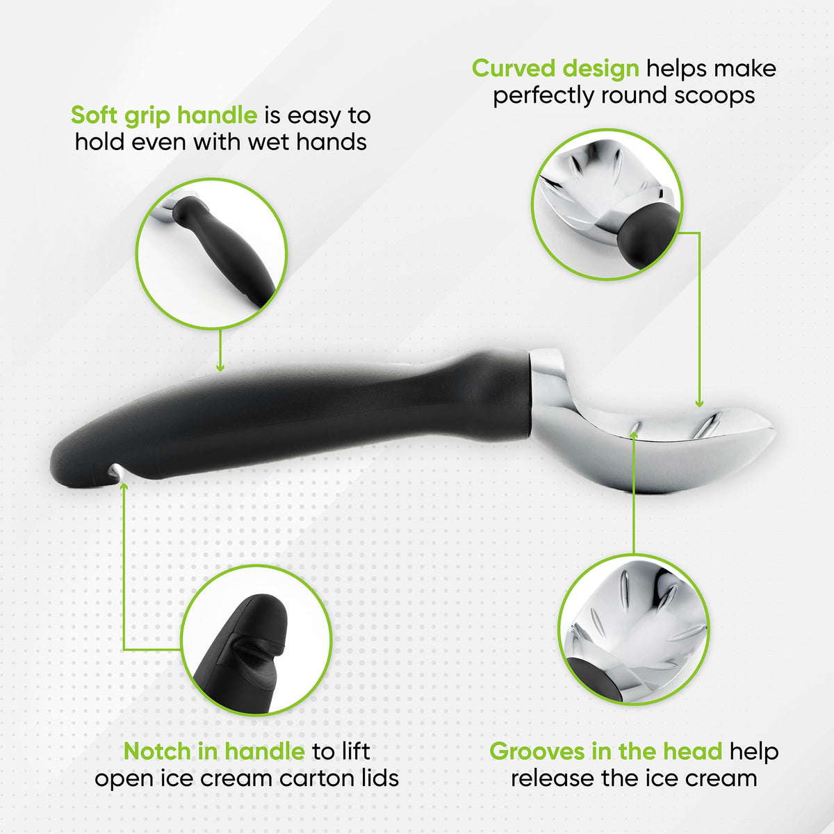 Spring Chef curved-scoop-edge design enables perfect curls and neat portions.