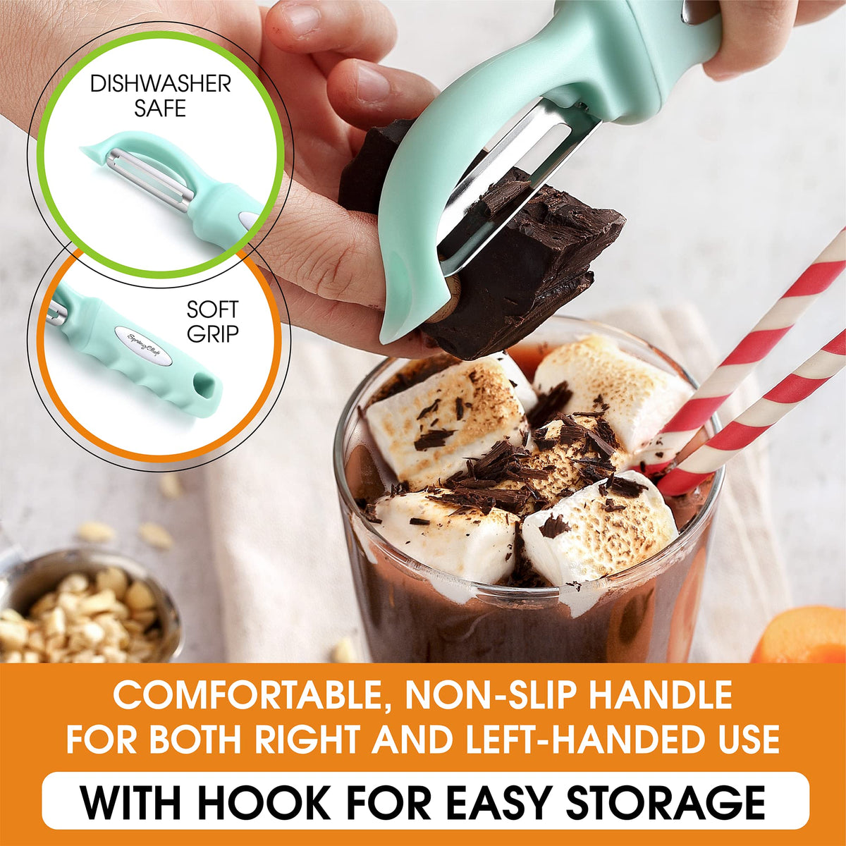Spring Chef dishwasher-safe icon shows easy cleanup.