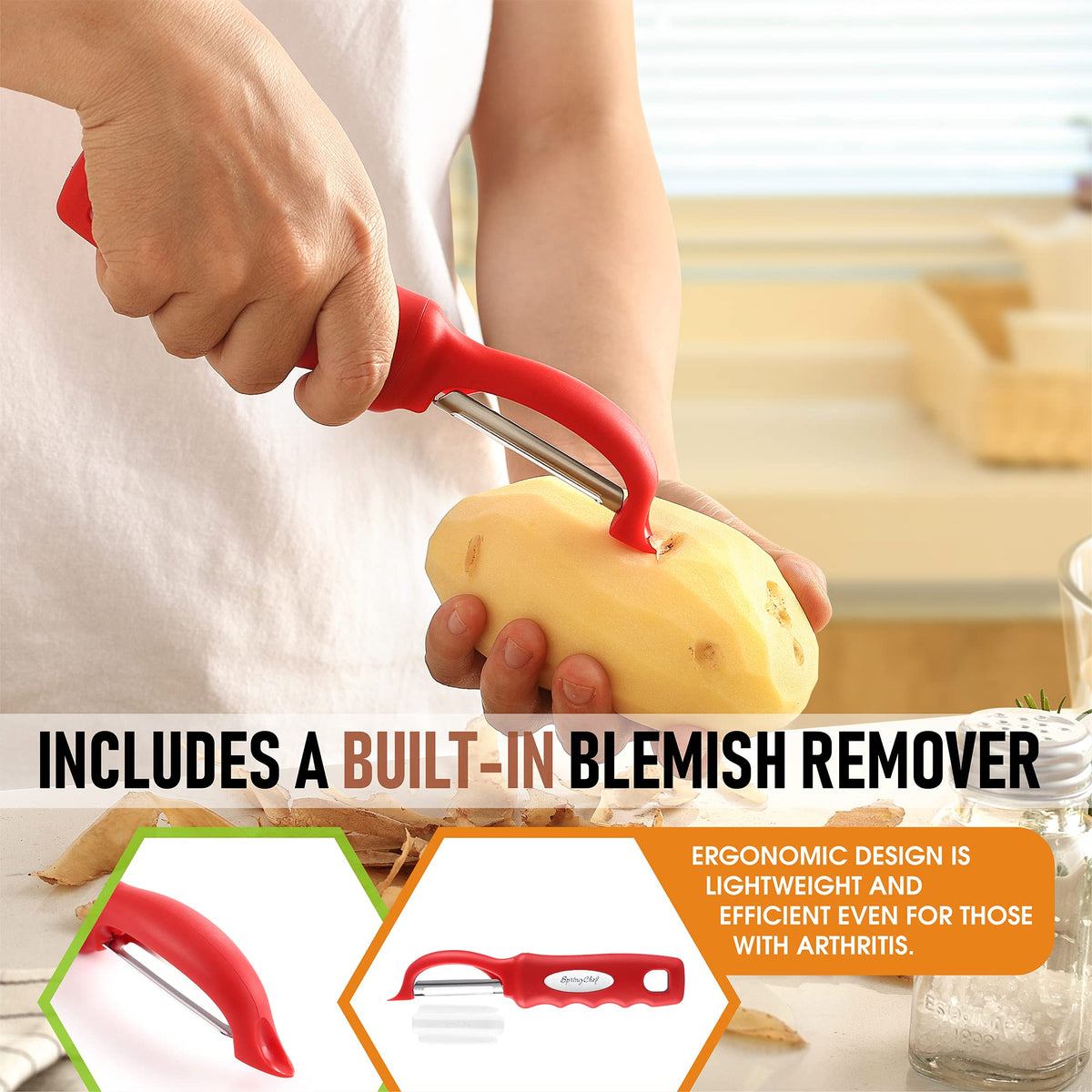 Spring Chef dishwasher-safe peeler for easy cleanup after cooking.