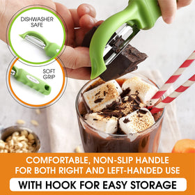 Spring Chef peeler beside dishwasher safe symbol for easy cleaning.