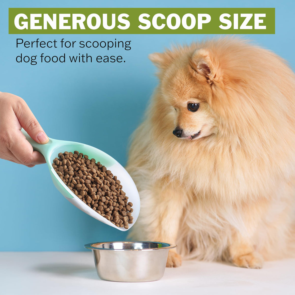 Spring Chef dog food scoop with flexi-plastic tip for easier release.