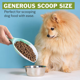 Spring Chef dog food scoop with flexi-plastic tip for easier release.