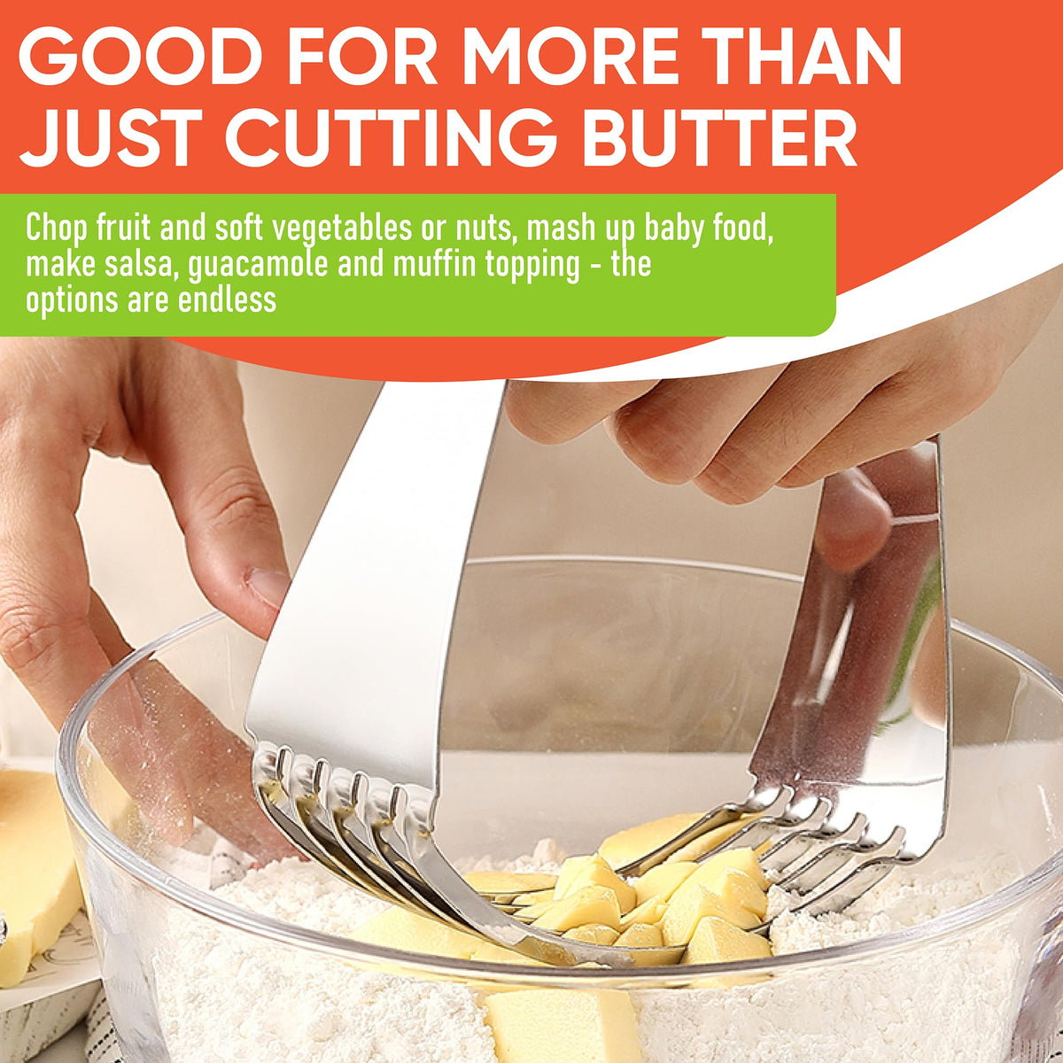 Spring Chef dough blender is a versatile kitchen tool for chopping and mashing.
