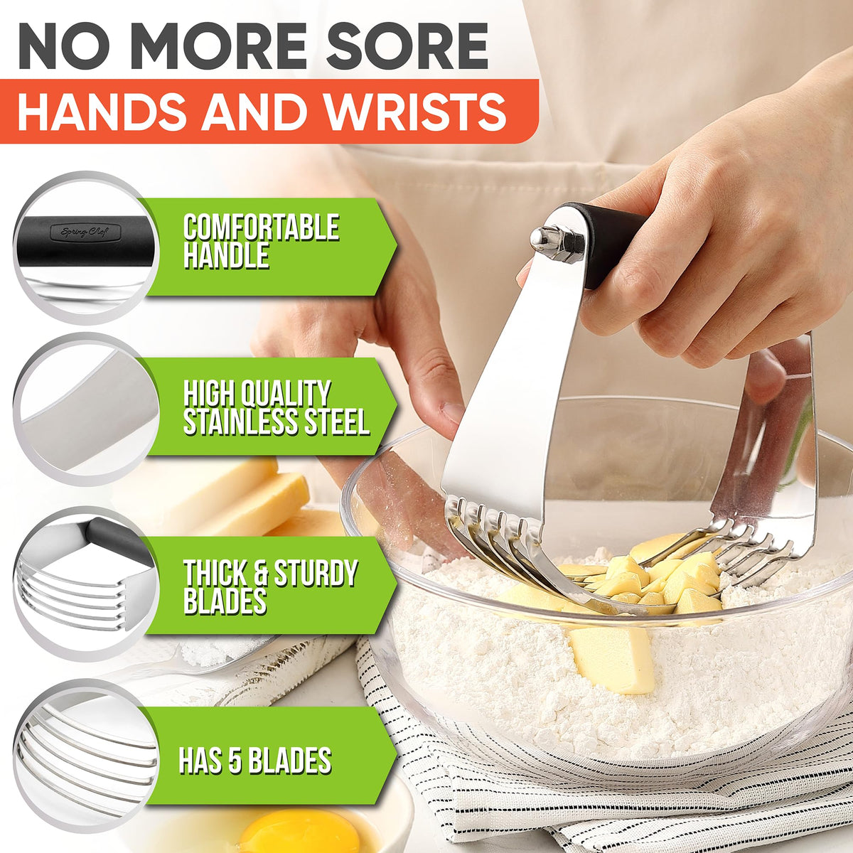 Spring Chef dough blender soft grip handle reduces fatigue during long kneads.