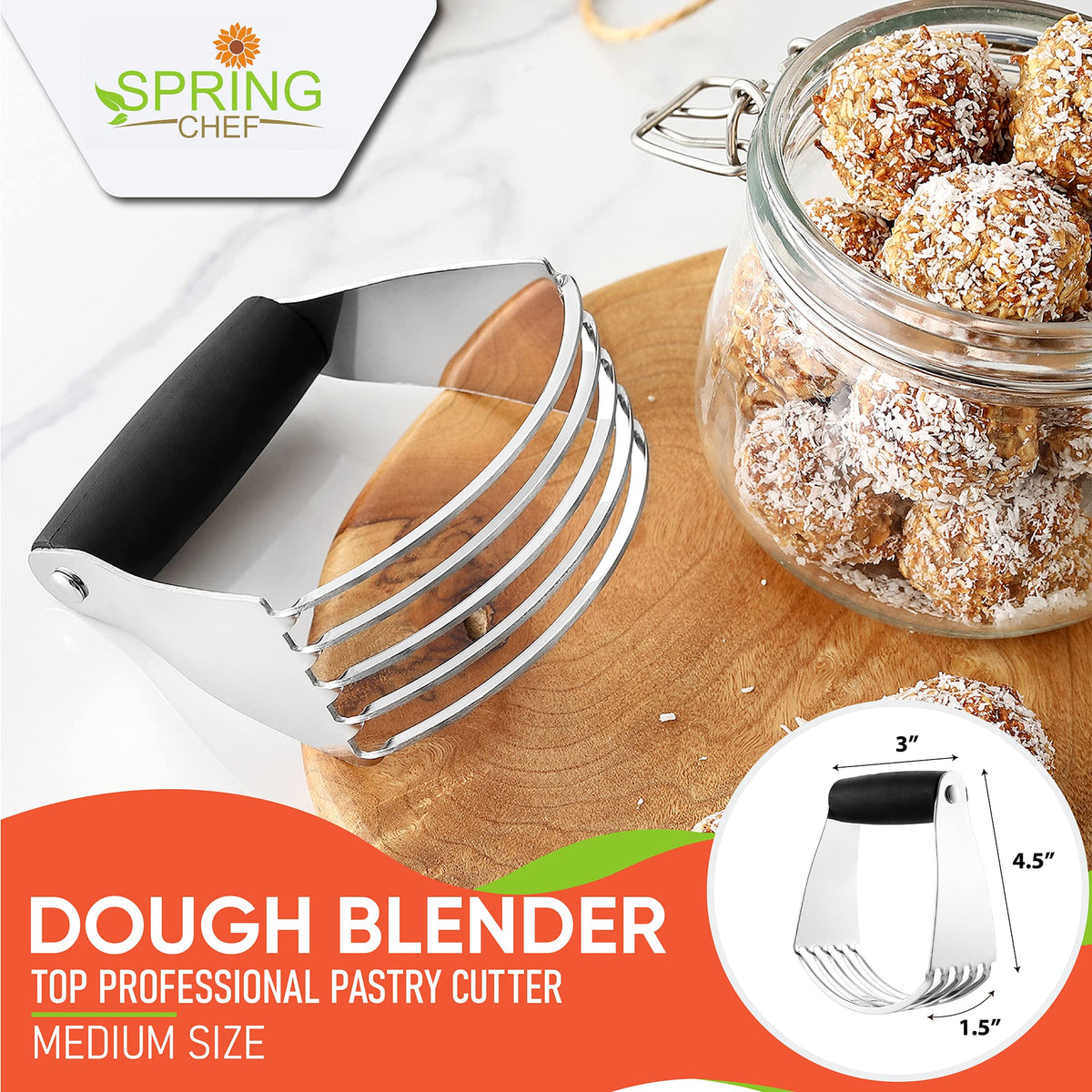 Spring Chef Dough Blender close-up of stainless steel blades for durability