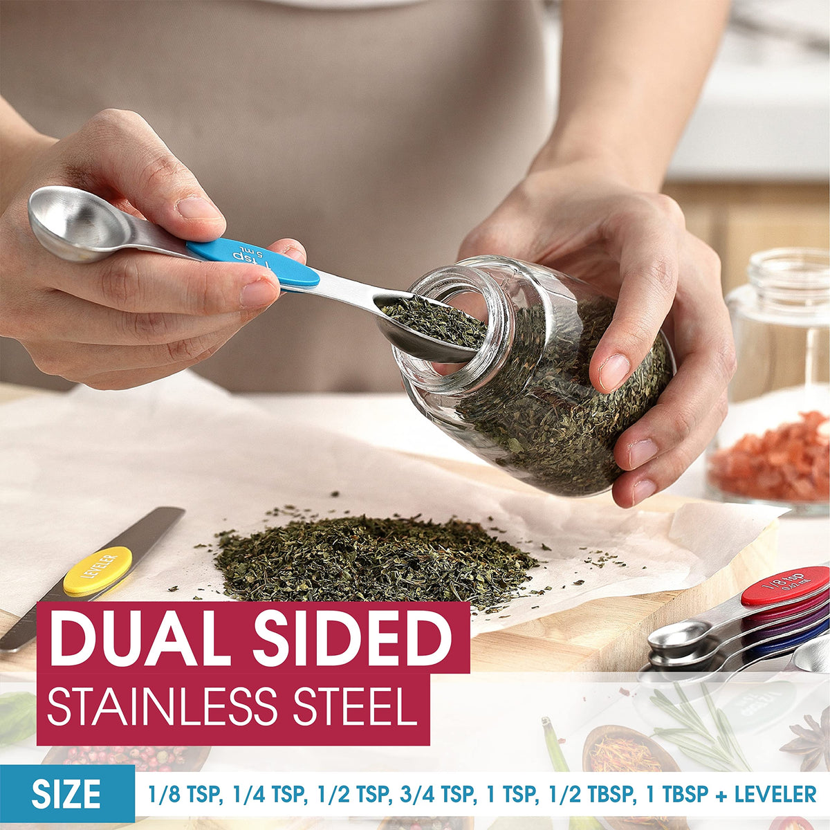 Spring Chef dual-sided spoons with spice-jar access and liquid measuring