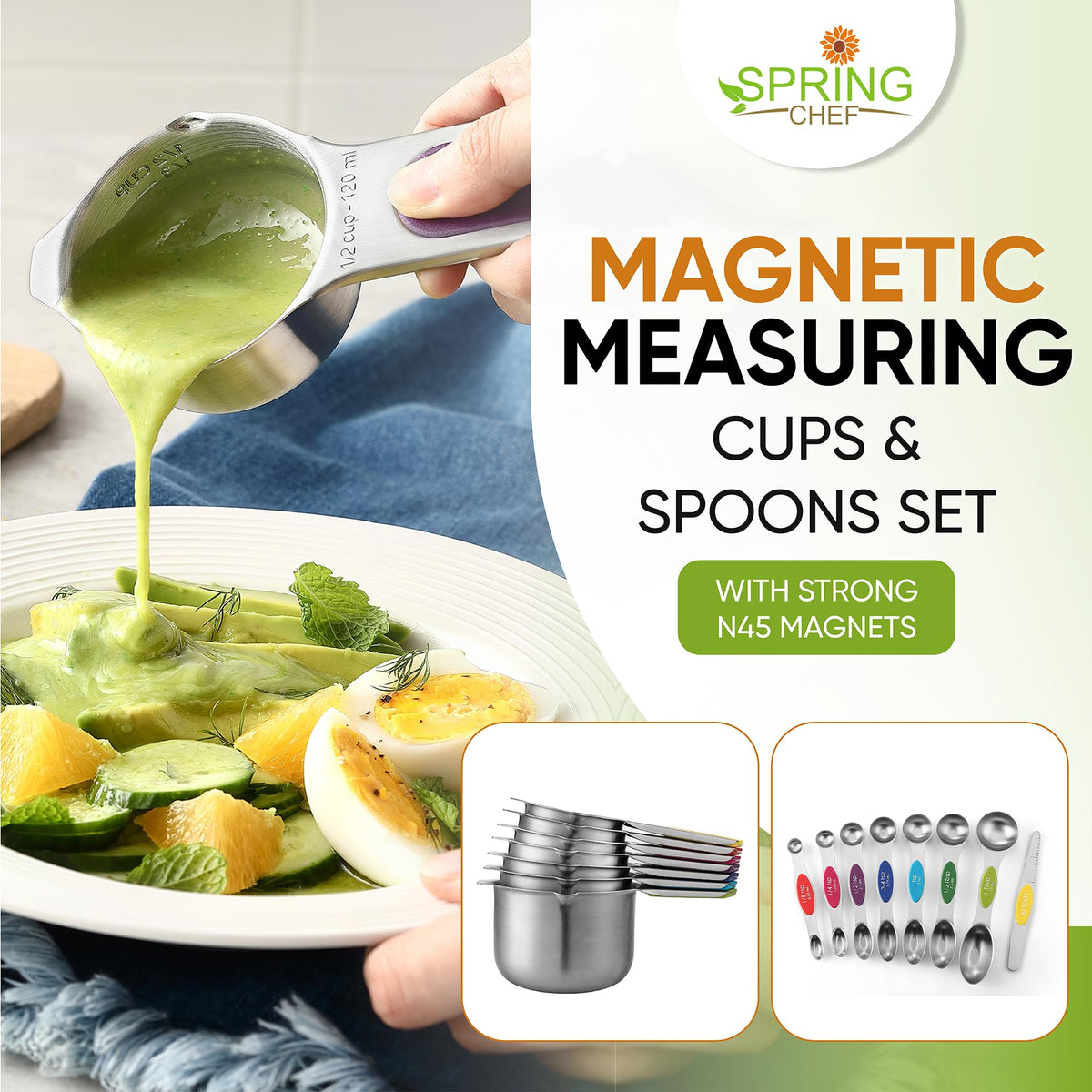 Spring Chef dual-sided spoons and cups maximize control during prep.