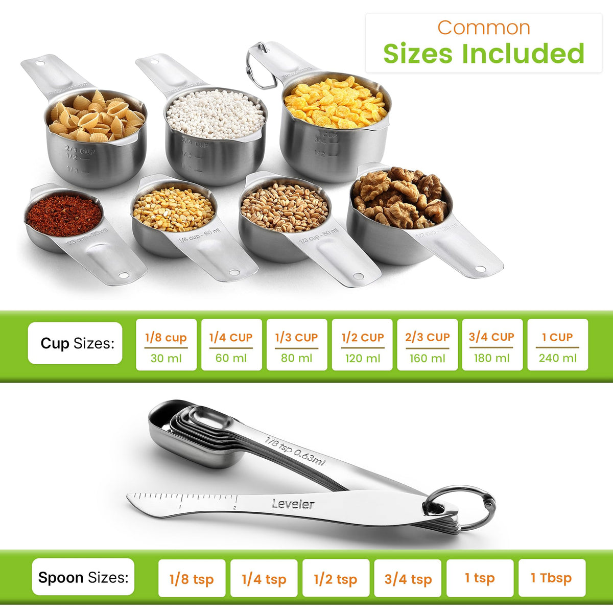 Spring Chef measuring cups and spoons display engraved US and metric markings for lasting readability.
