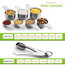 Spring Chef measuring cups and spoons display engraved US and metric markings for lasting readability.