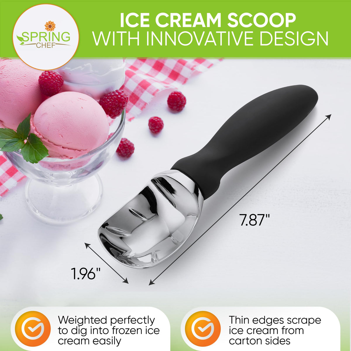 Spring Chef ergonomic-handle ice cream scoop highlighting comfortable grip for extended use.