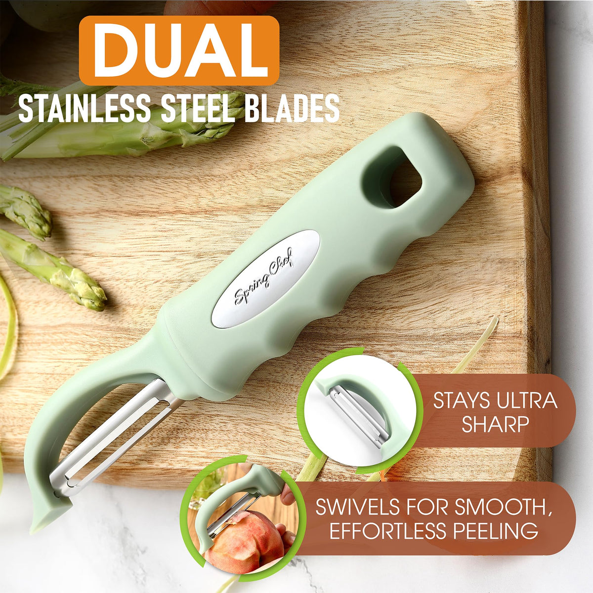 Spring Chef ergonomic handle provides comfortable, ambidextrous peeling grip.