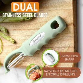Spring Chef ergonomic handle provides comfortable, ambidextrous peeling grip.