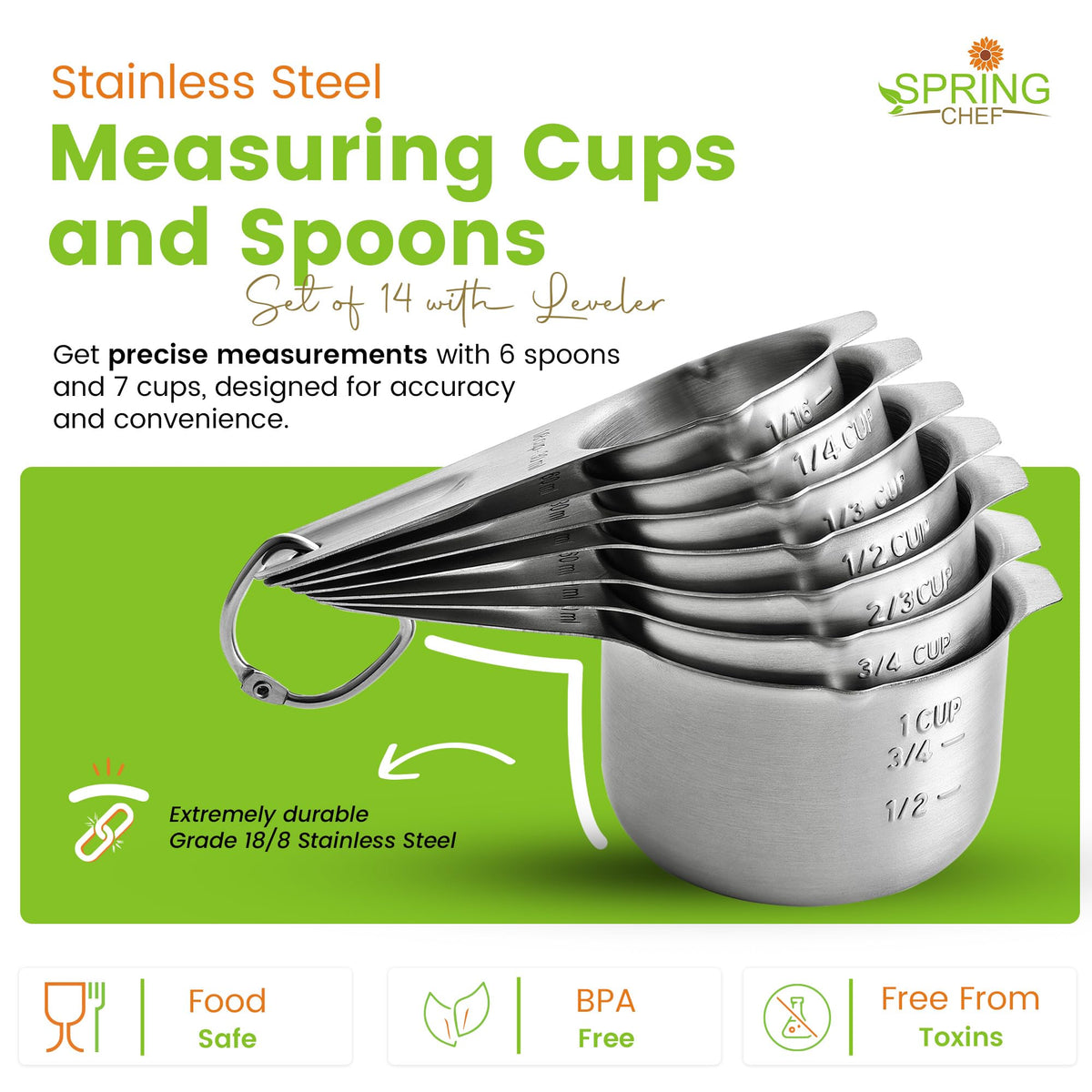 Spring Chef ergonomic long-handle spoons demonstrate comfortable grip during measurement.