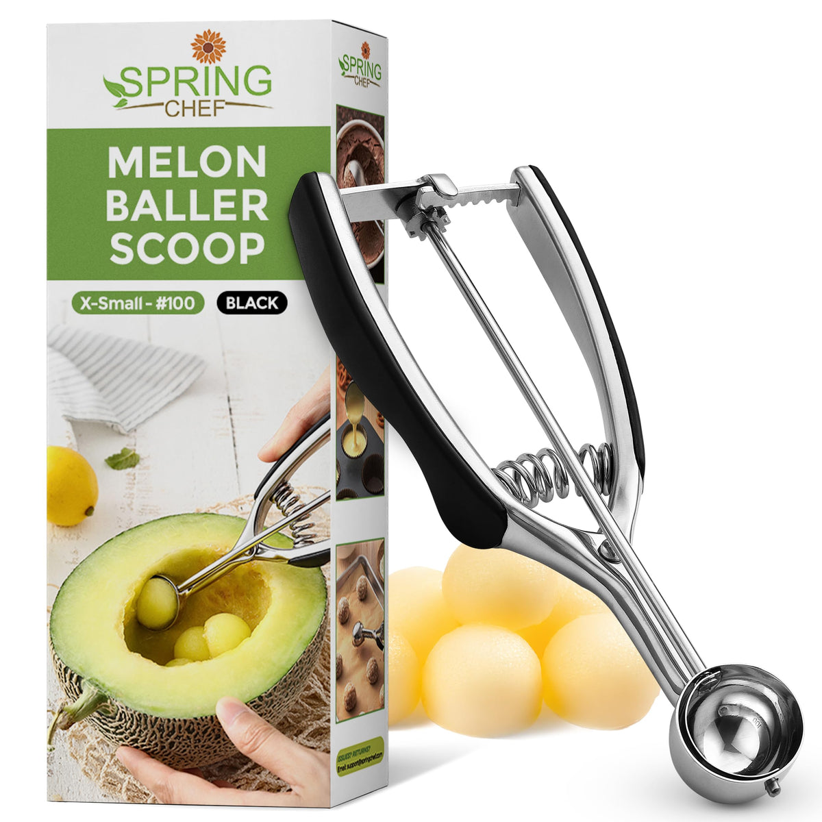 Spring Chef extra small cookie scoop 0.6-tbsp in hand shaping cookies for even batches.
