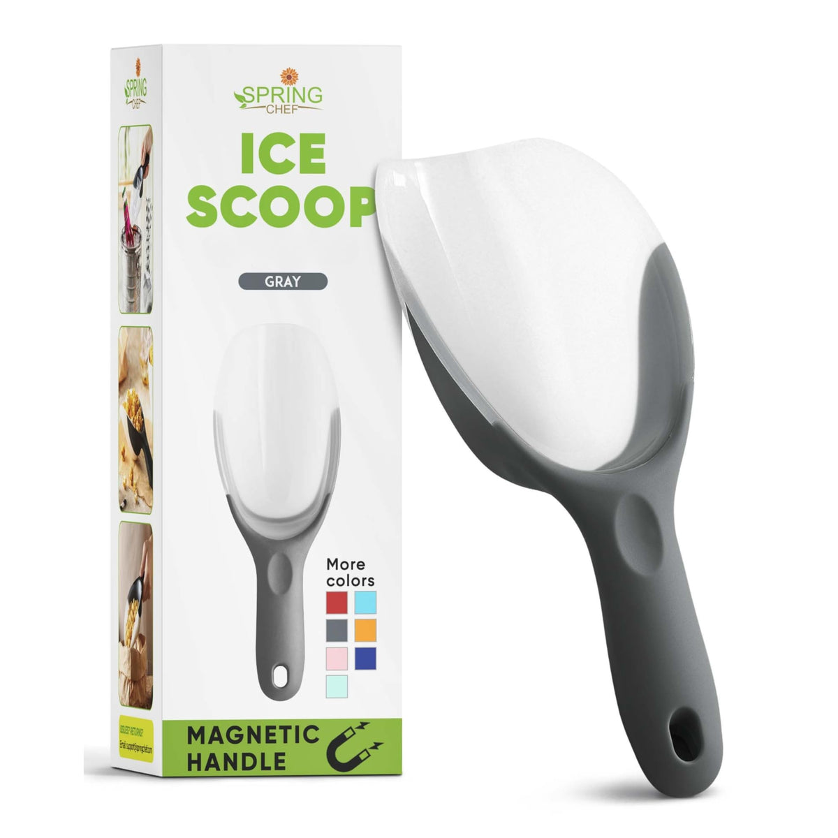 Spring Chef gray magnetic ice scoop pouring ice into glasses with ease