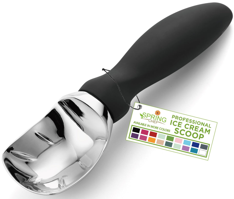 Spring Chef heavy-duty ice cream scoop front view with sturdy metal build for smooth scooping.