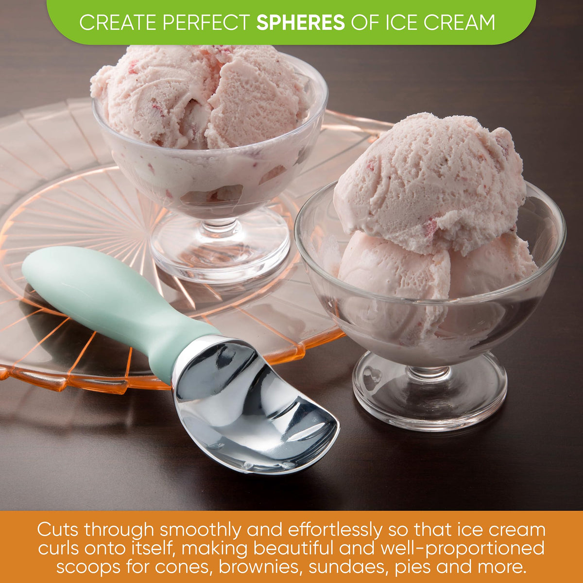 Spring Chef heavy-duty metal ice cream scoop curling action forms perfect spheres.