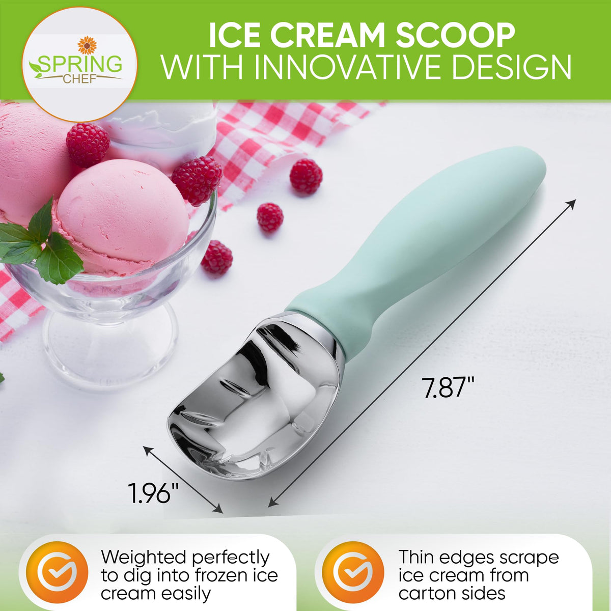 Spring Chef heavy-duty metal ice cream scoop handle close-up showing ergonomic grip.