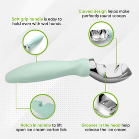 Spring Chef heavy-duty metal ice cream scoop in dish demonstrates curling scoops.