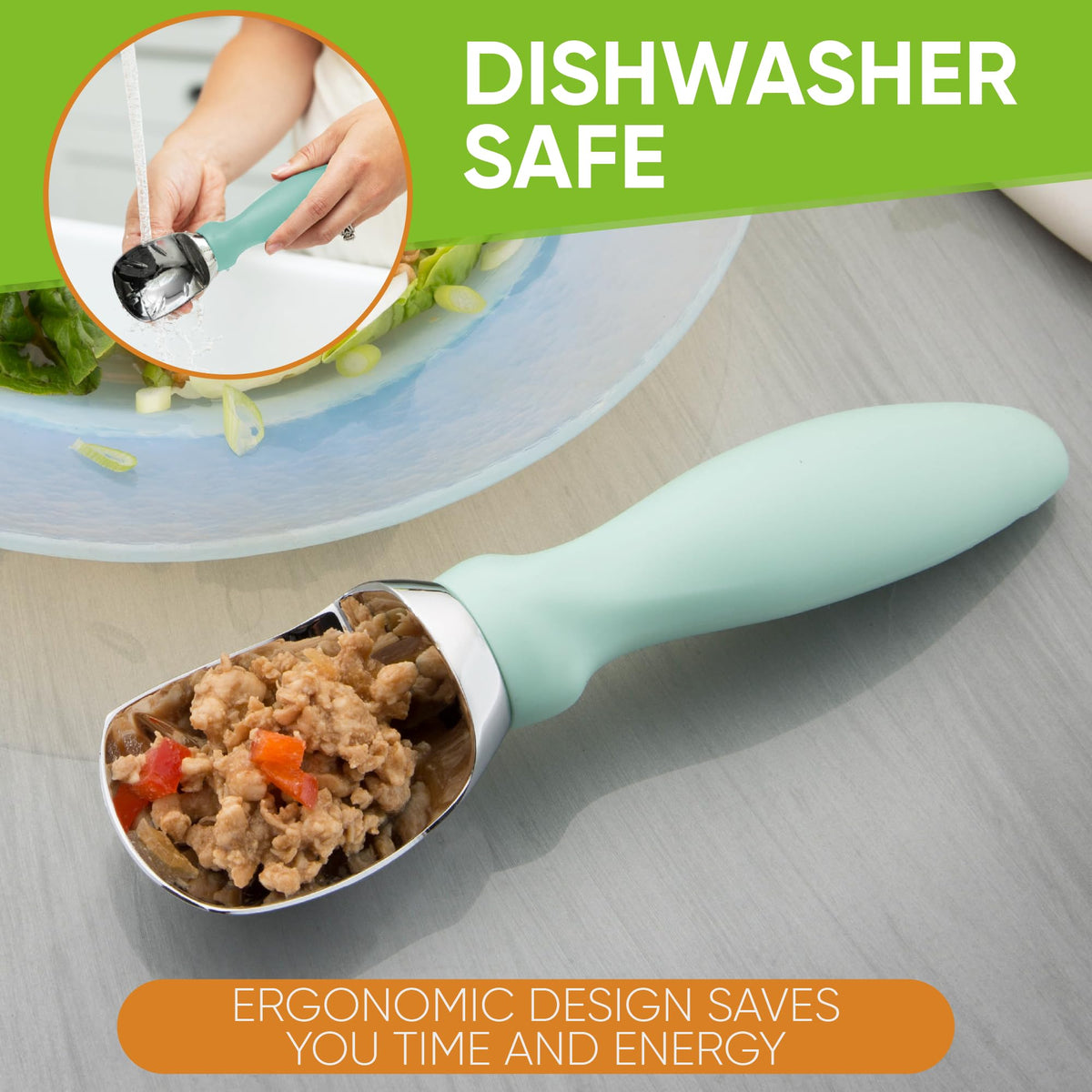 Spring Chef heavy-duty metal ice cream scoop helps fill peppers neatly.