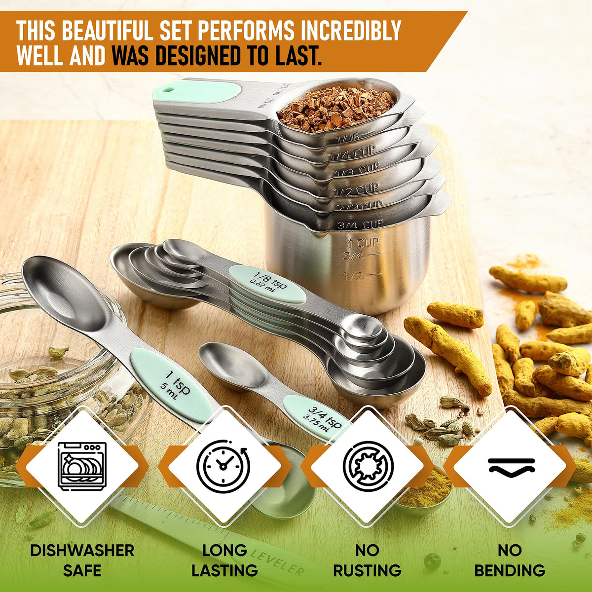 Spring Chef heavy-duty stainless steel measuring cups endure daily kitchen use.
