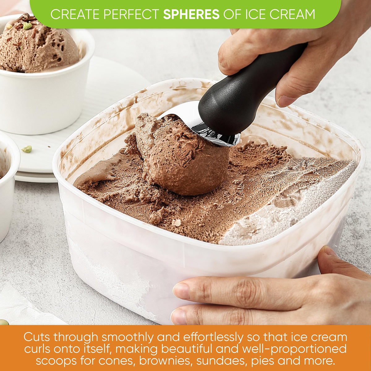 Spring Chef curved-design scoop creates neat curls and minimizes waste.