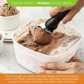 Spring Chef curved-design scoop creates neat curls and minimizes waste.