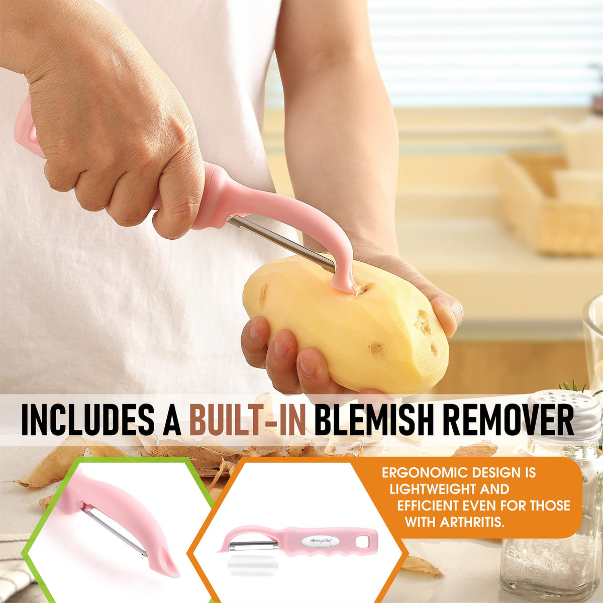 Spring Chef in-use apple peeling highlights safe, clean slices.