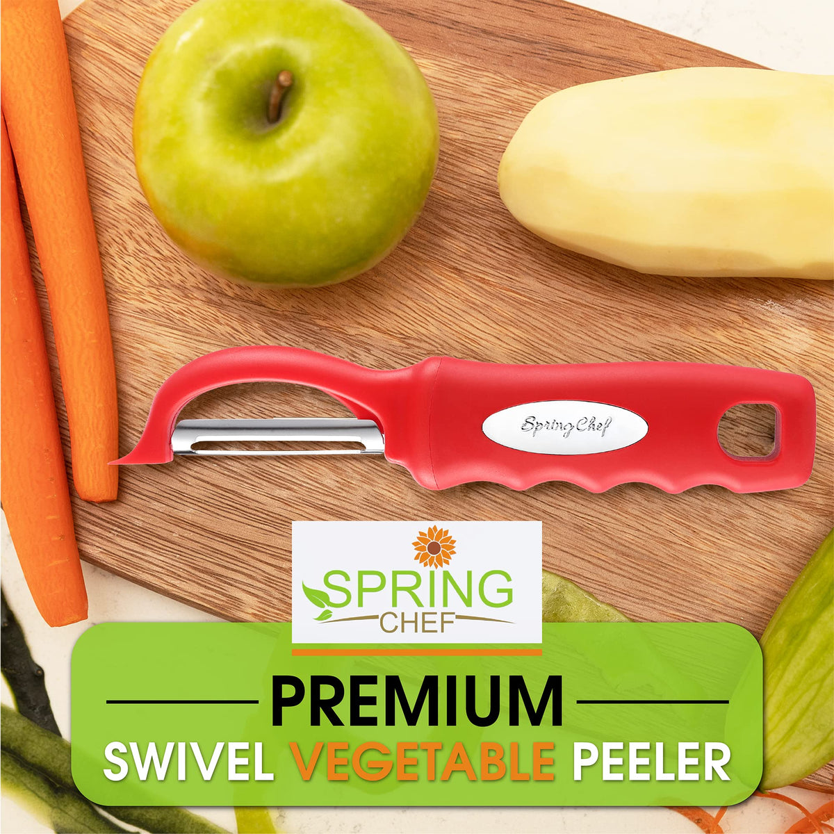Spring Chef left- and right-handed friendly peeler for versatile use.