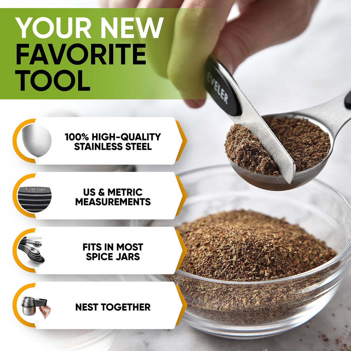 Spring Chef leveler included for quick, precise first-time measurements.