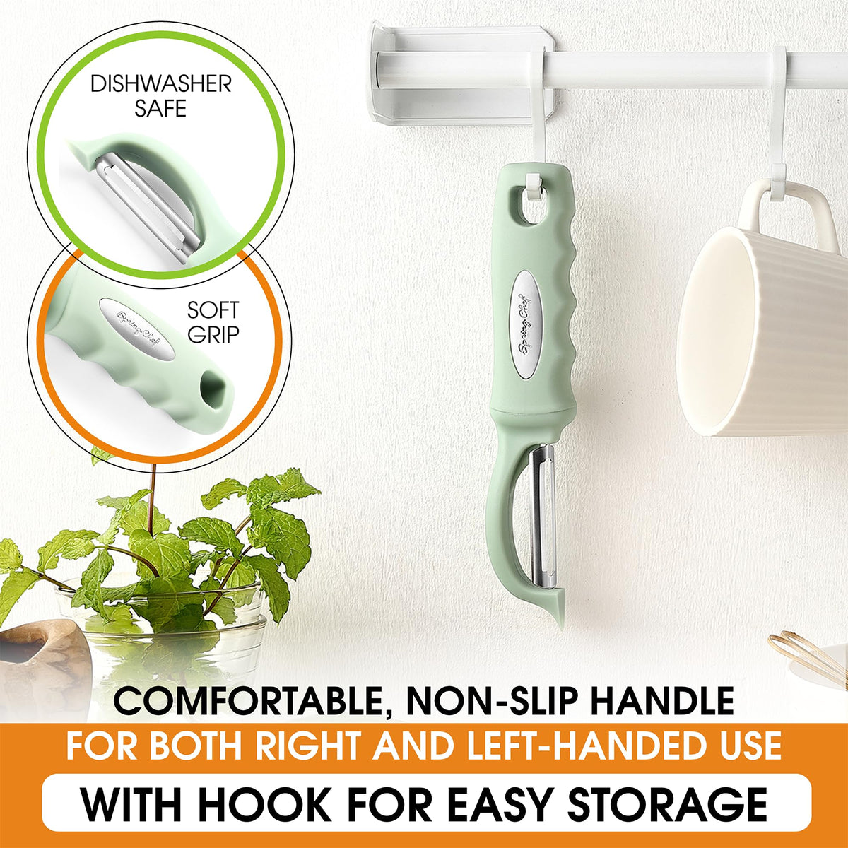 Spring Chef lightweight, ergonomic design reduces wrist strain during peeling.